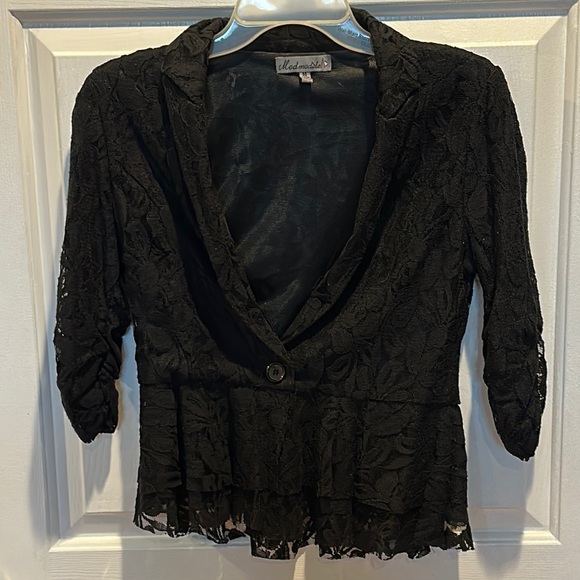 Black Peplum Jacket  with 3/4 Sleeves and Notched Collar - Picture 1 of 6